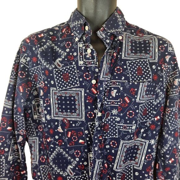 Gitman Bros Vintage Shirt M Blue Paisley Geometric Bandana Nautical Print Blue